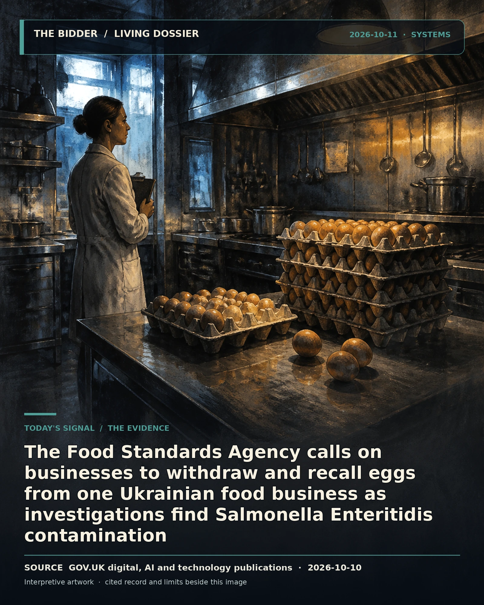 Evidence-led artwork for The Food Standards Agency calls on businesses to withdraw and recall eggs from one Ukrainian food business as investigations find Salmonella Enteriti…