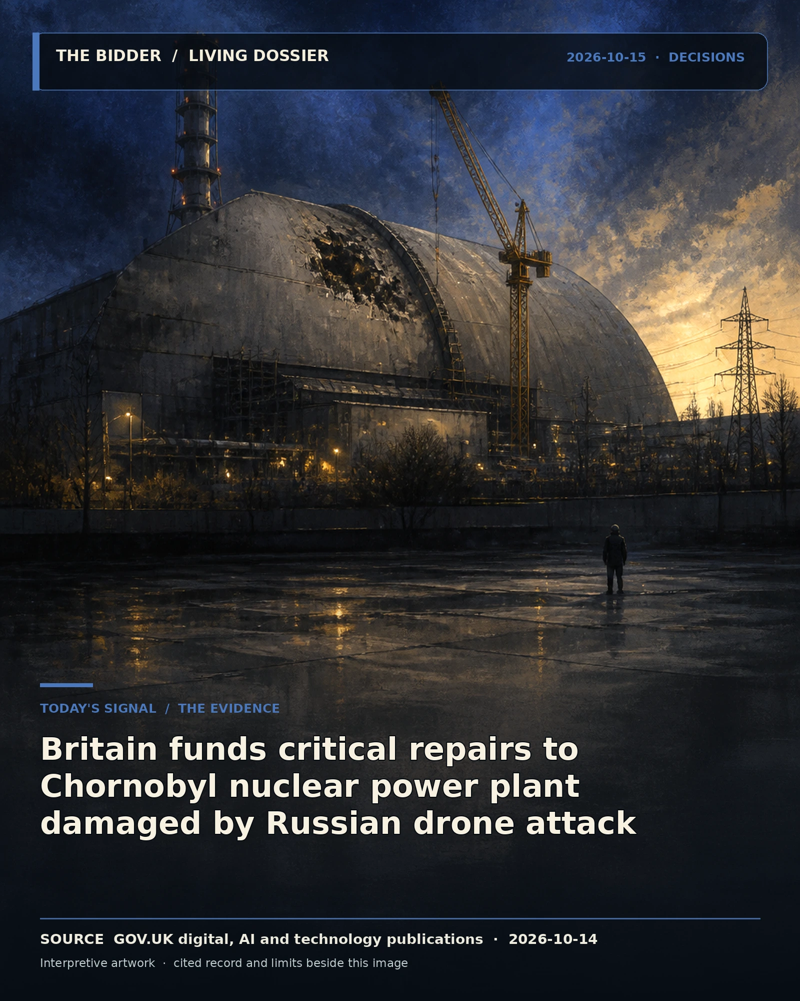 Evidence-led artwork for Britain funds critical repairs to Chornobyl nuclear power plant damaged by Russian drone attack