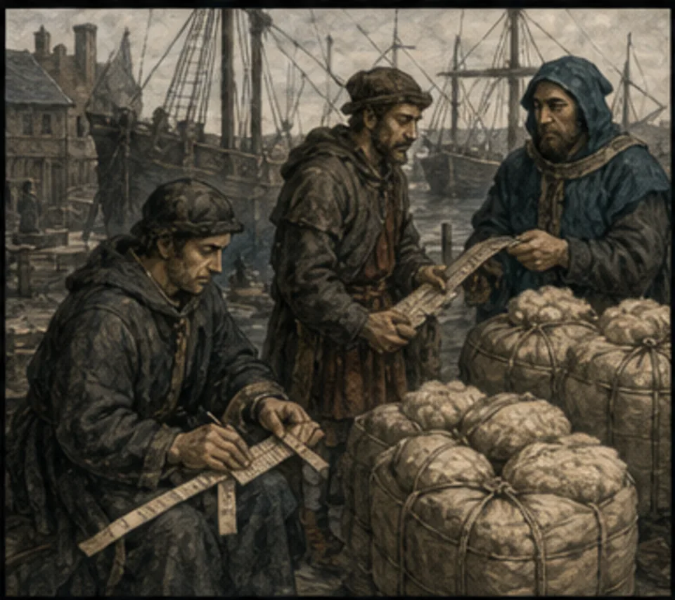Customs officers examine cargo at a medieval port