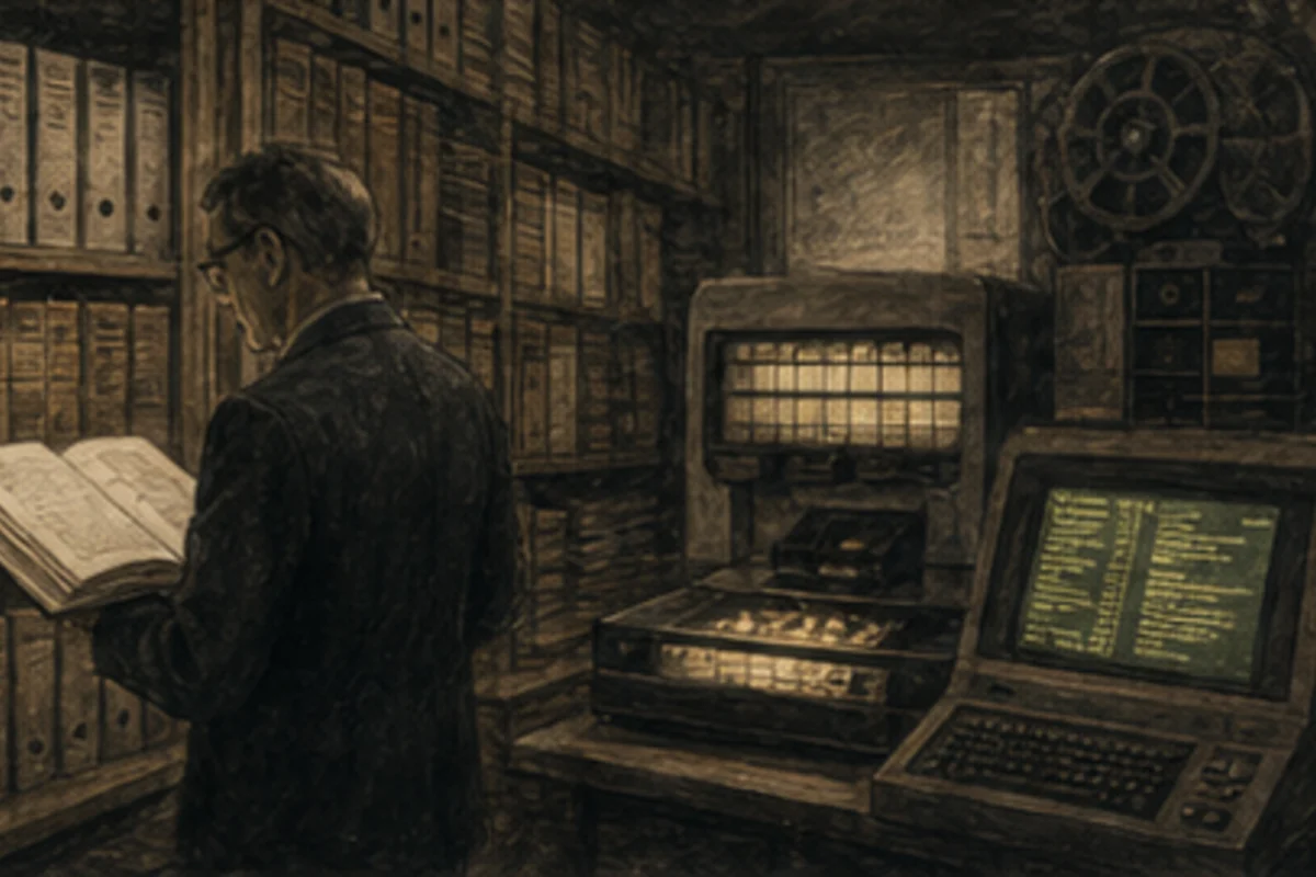 Paper treaty shelves pass through microfiche into a searchable database