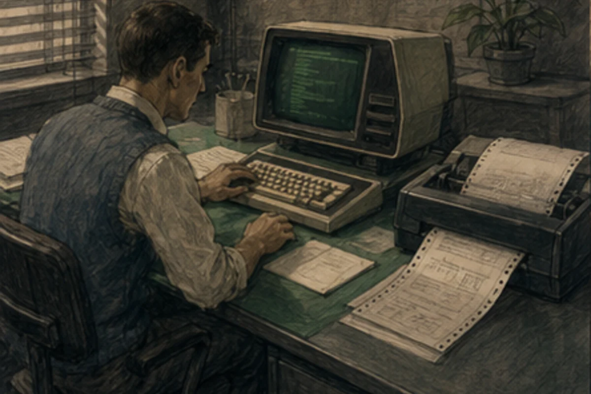 A green-screen terminal and dot-matrix record enter the purchasing office