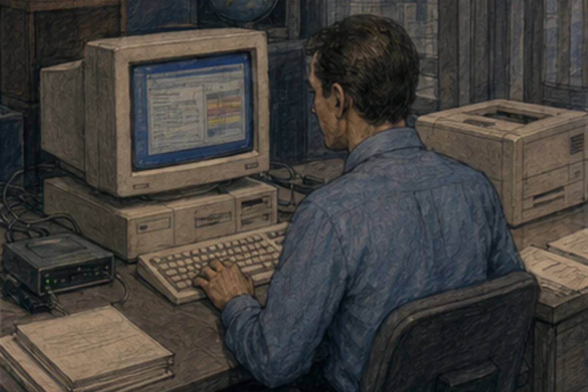 A modem, laser printer and early graphical desktop connect the procurement office