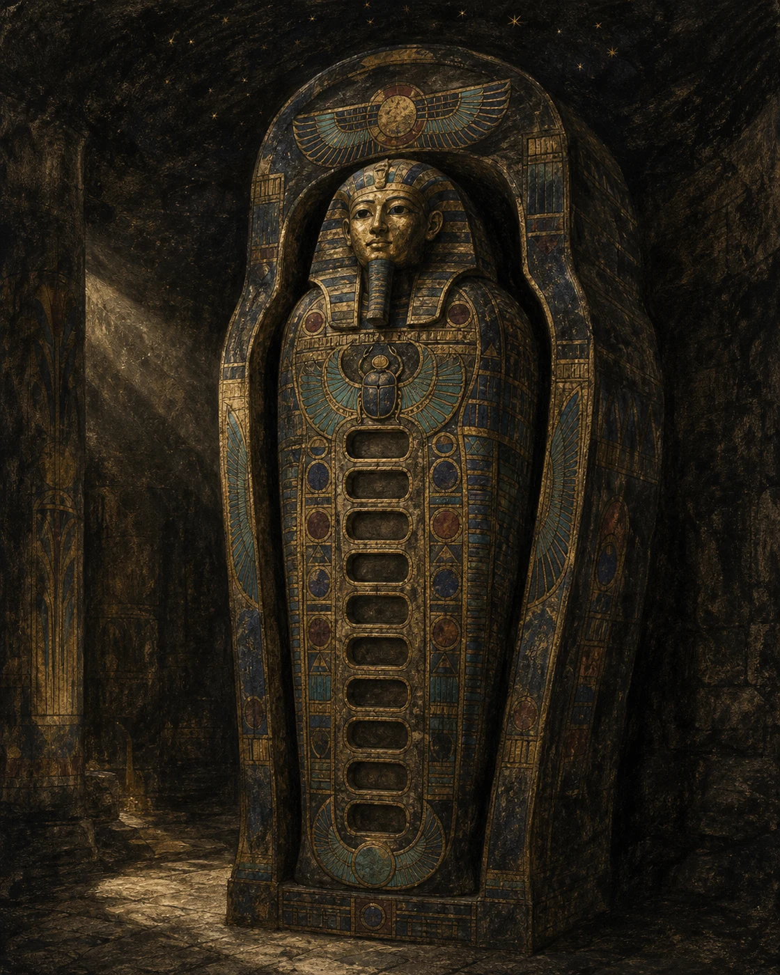 An original charcoal-and-mineral-wash artwork of an Egyptian-inspired nested sarcophagus in a dark symbolic chamber