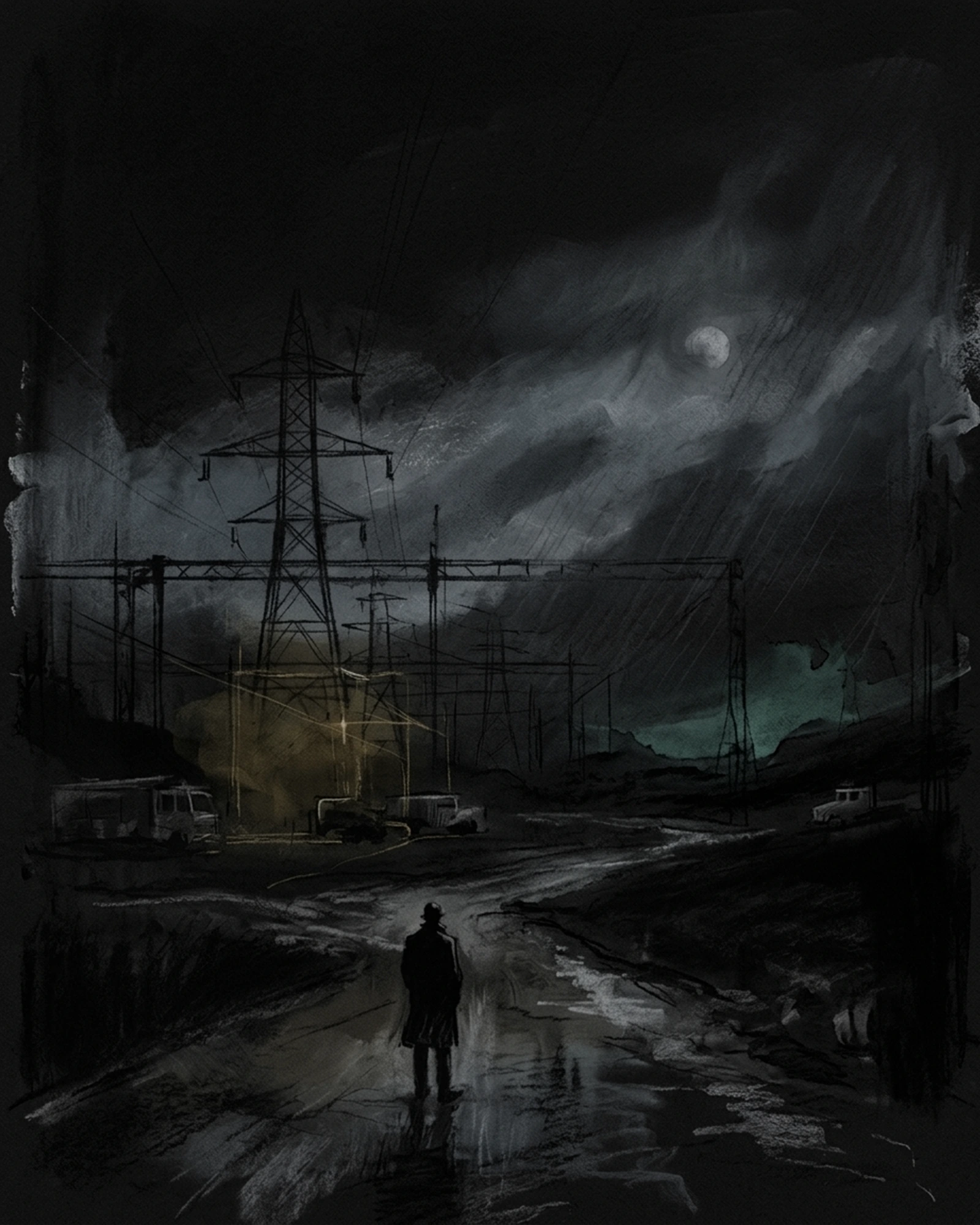 Living Charcoal retrospective artwork: A Small Figure Faced Field Of Current