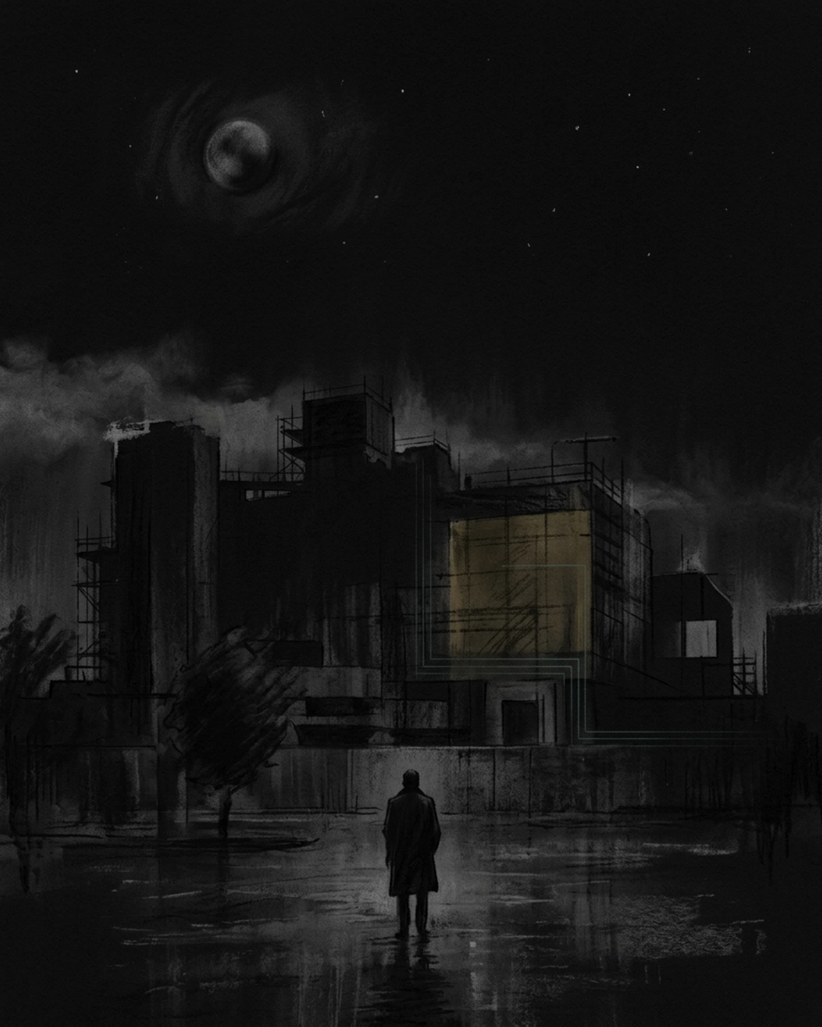 Living Charcoal retrospective artwork: The Promise Inside Building That Must Wake