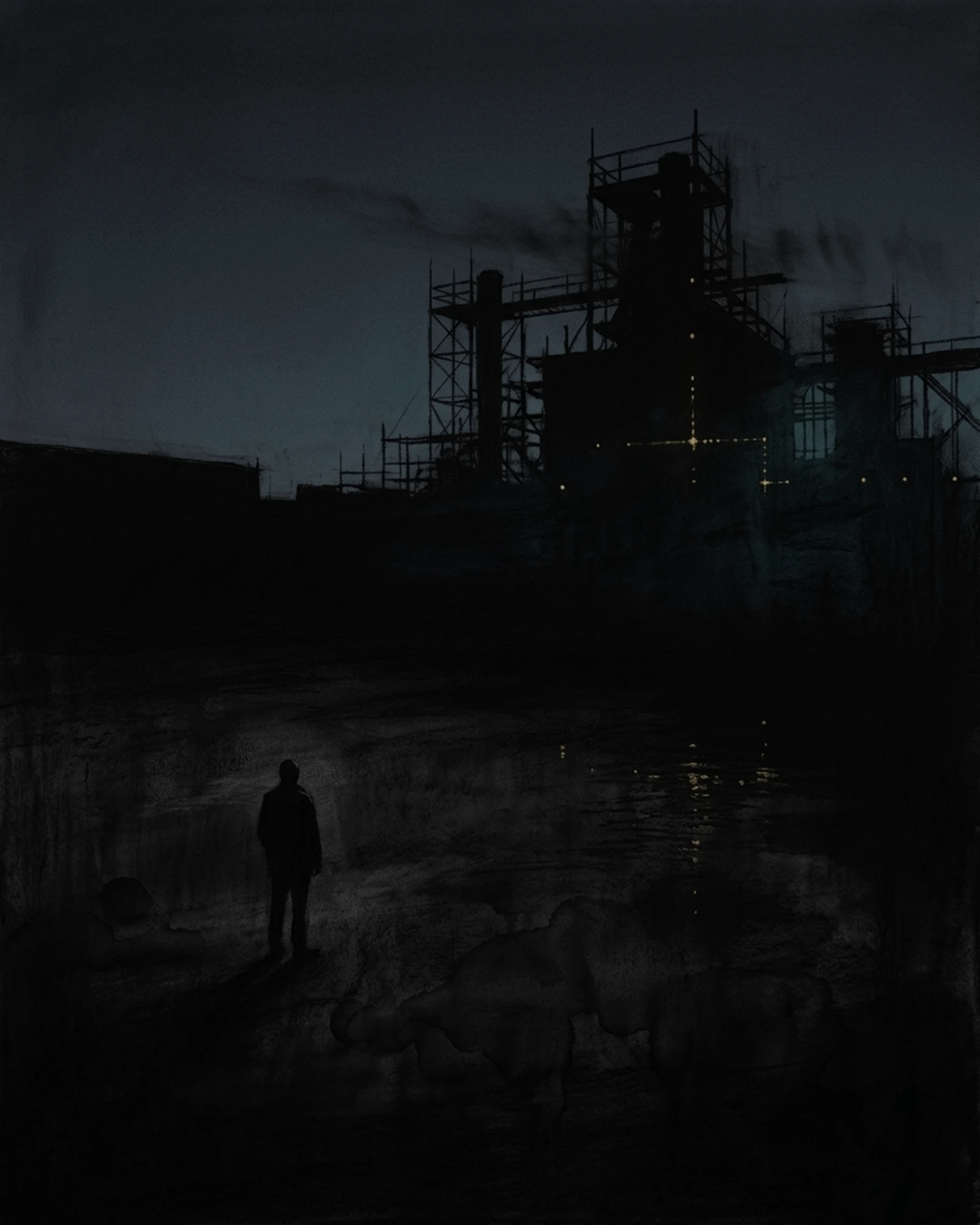 Living Charcoal retrospective artwork: Under the Last Light of Building That Must Wake