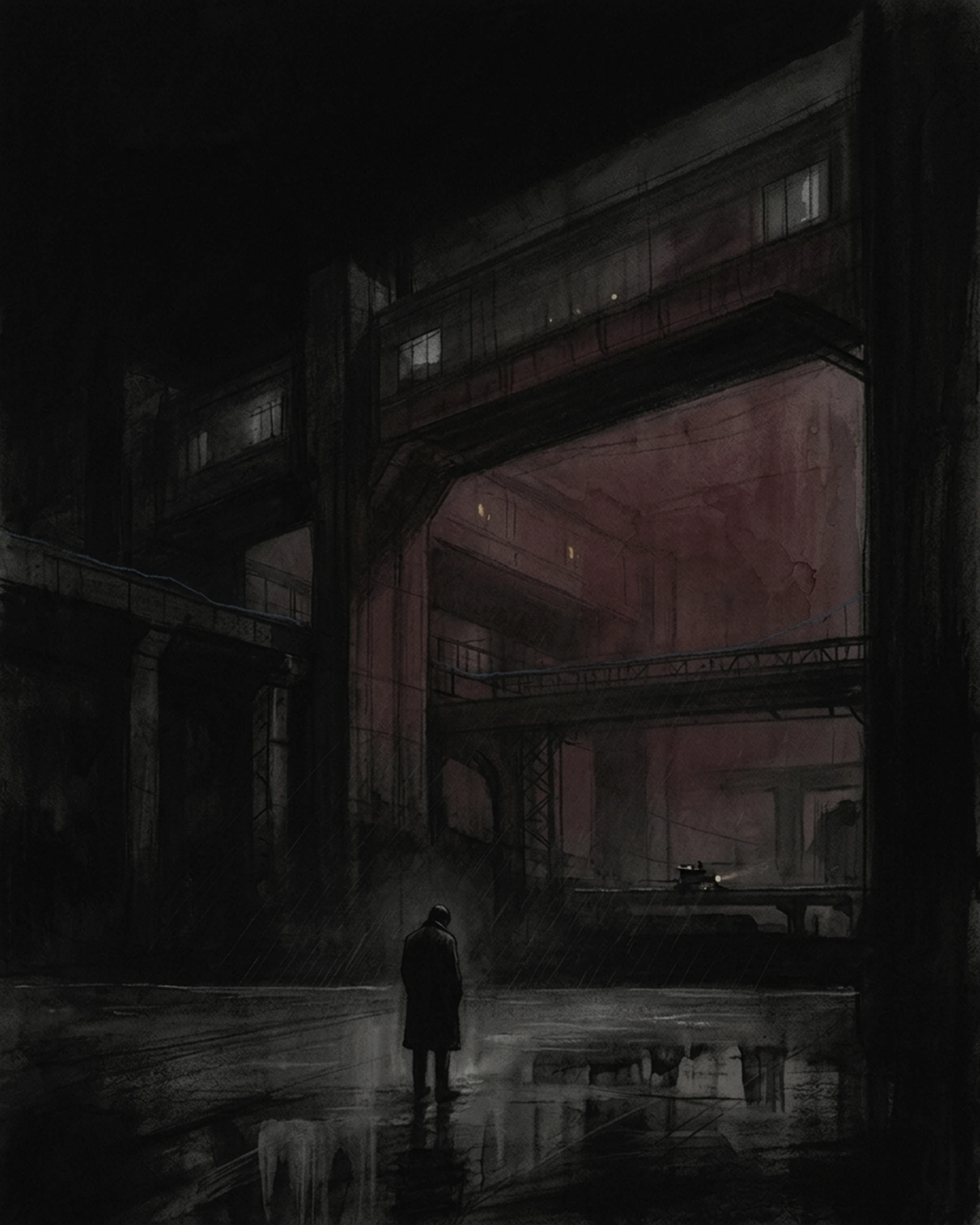 Living Charcoal retrospective artwork: When Night Reached Lit Care Corridor