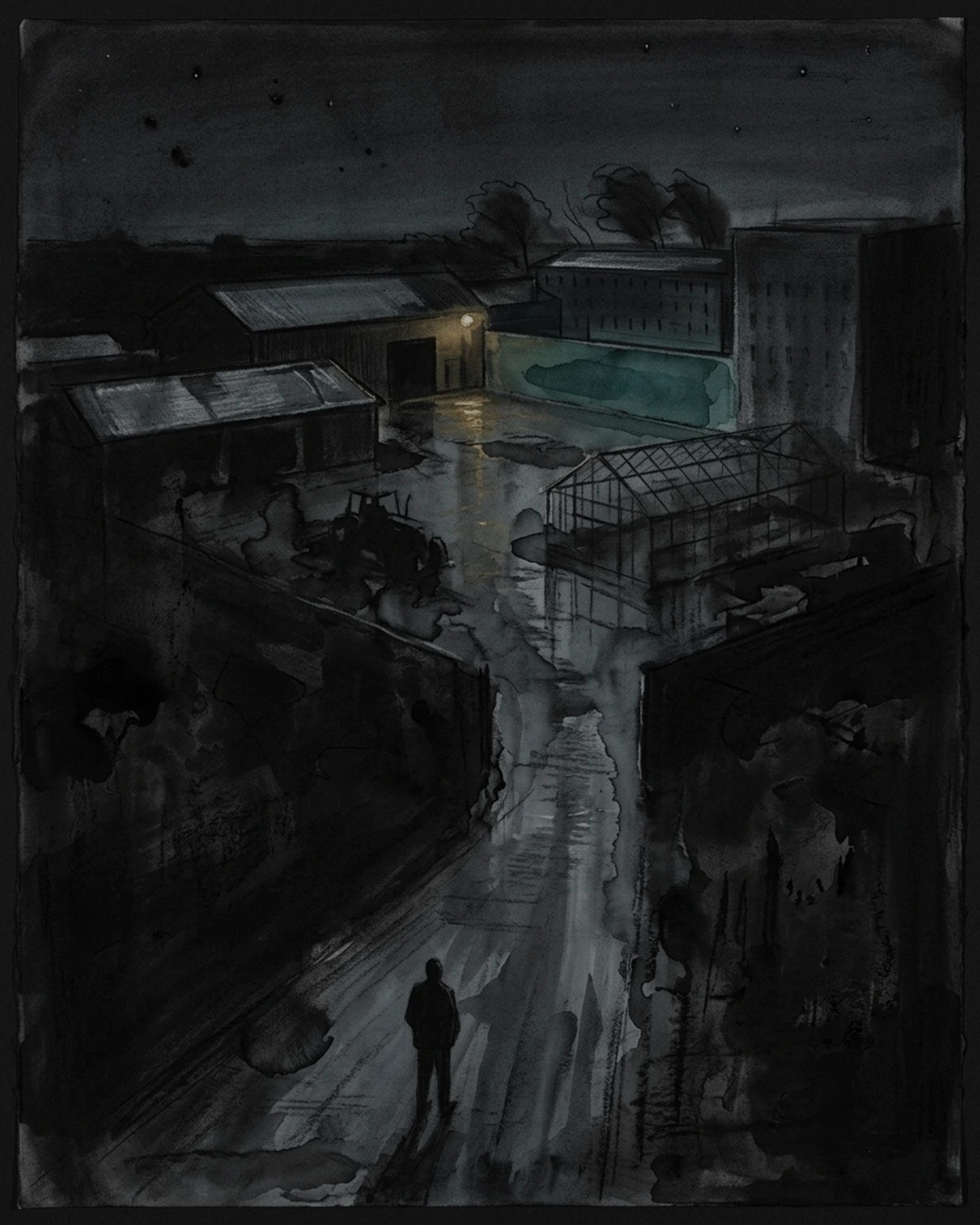 Living Charcoal retrospective artwork: Before Dawn Found Library After Rain