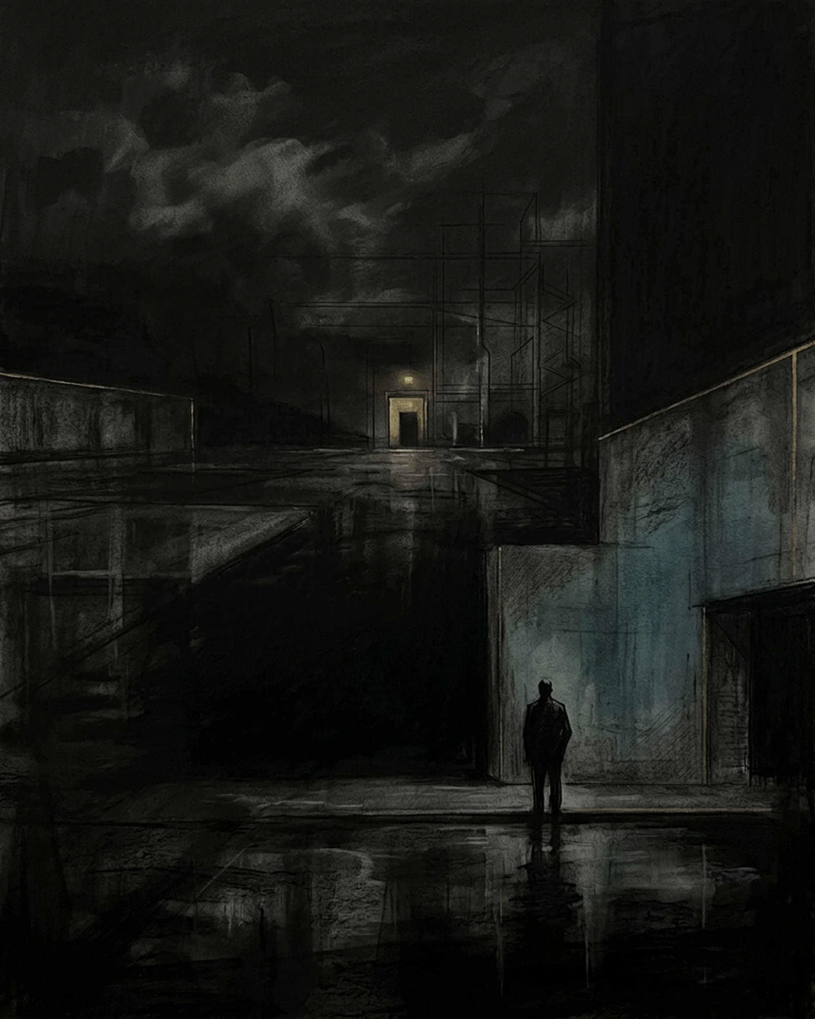 Living Charcoal retrospective artwork: A Signal Crossed Library After Rain