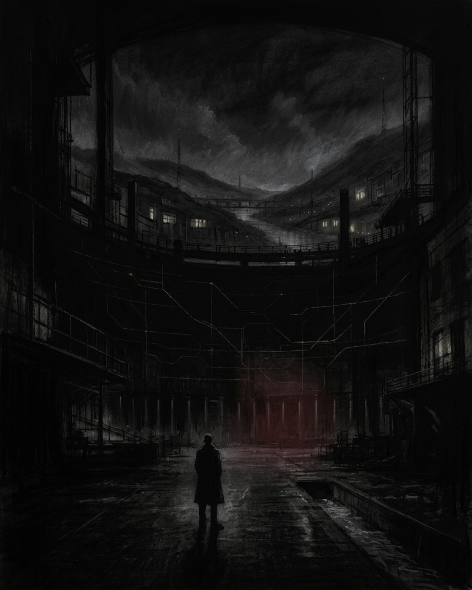 Living Charcoal retrospective artwork: When Night Reached Unfinished Crossing