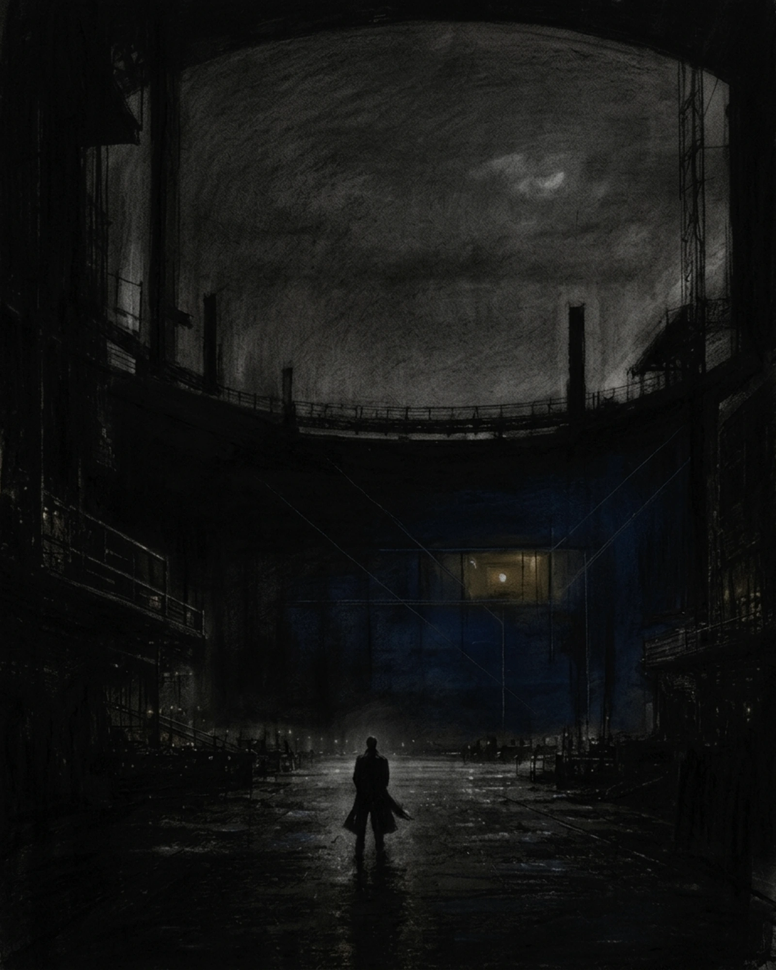 Living Charcoal retrospective artwork: When Night Reached Library After Rain