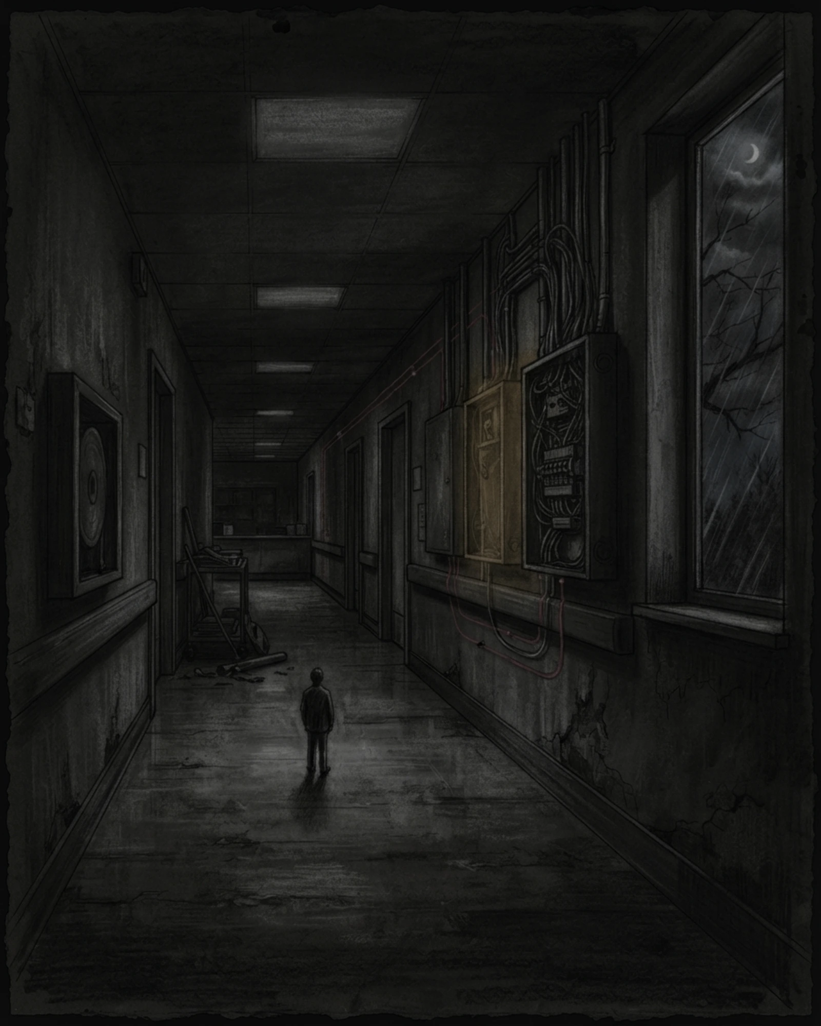 Living Charcoal retrospective artwork: After the Wind Passed Lit Care Corridor