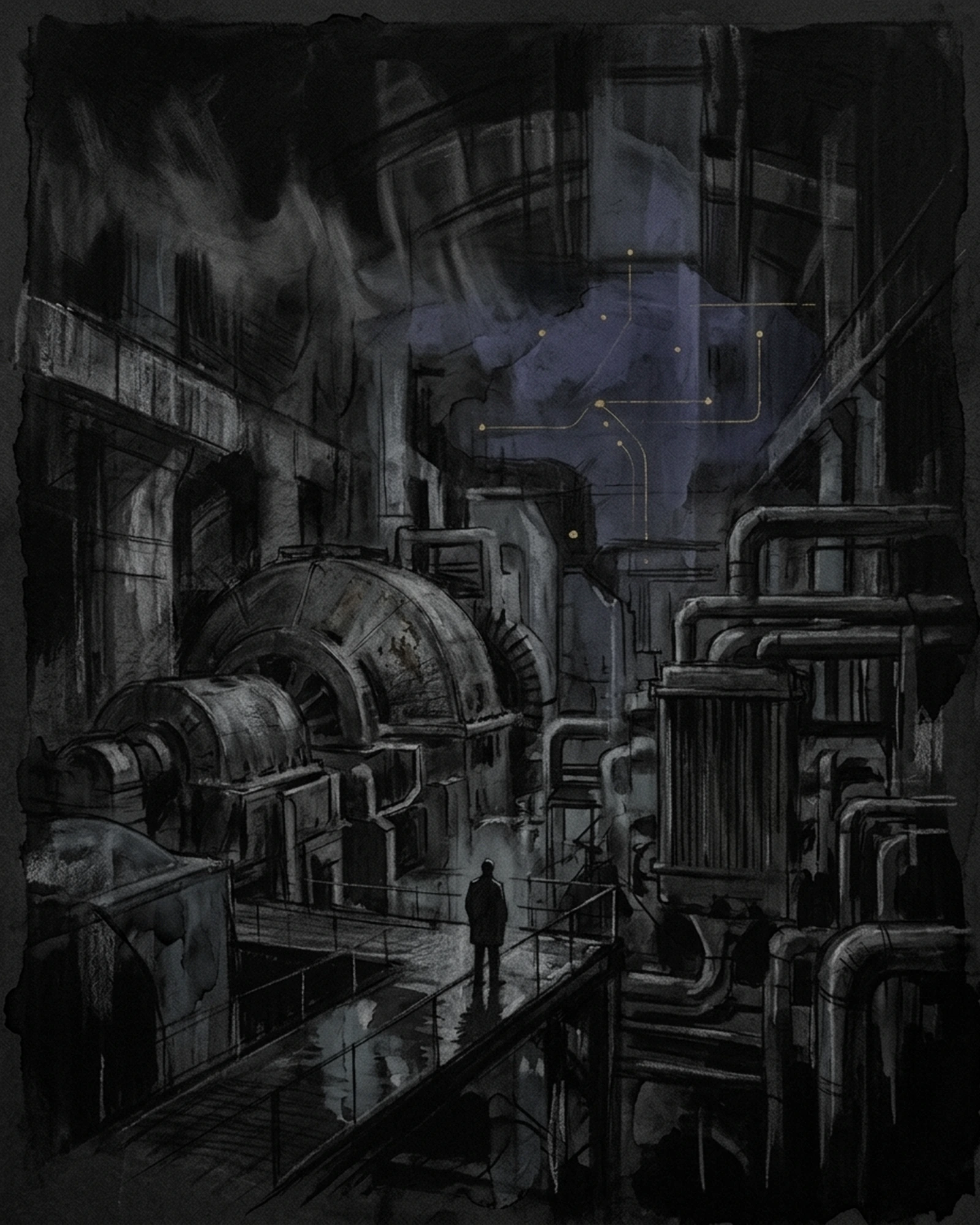 Living Charcoal retrospective artwork: The Promise Inside Blue Machine Room