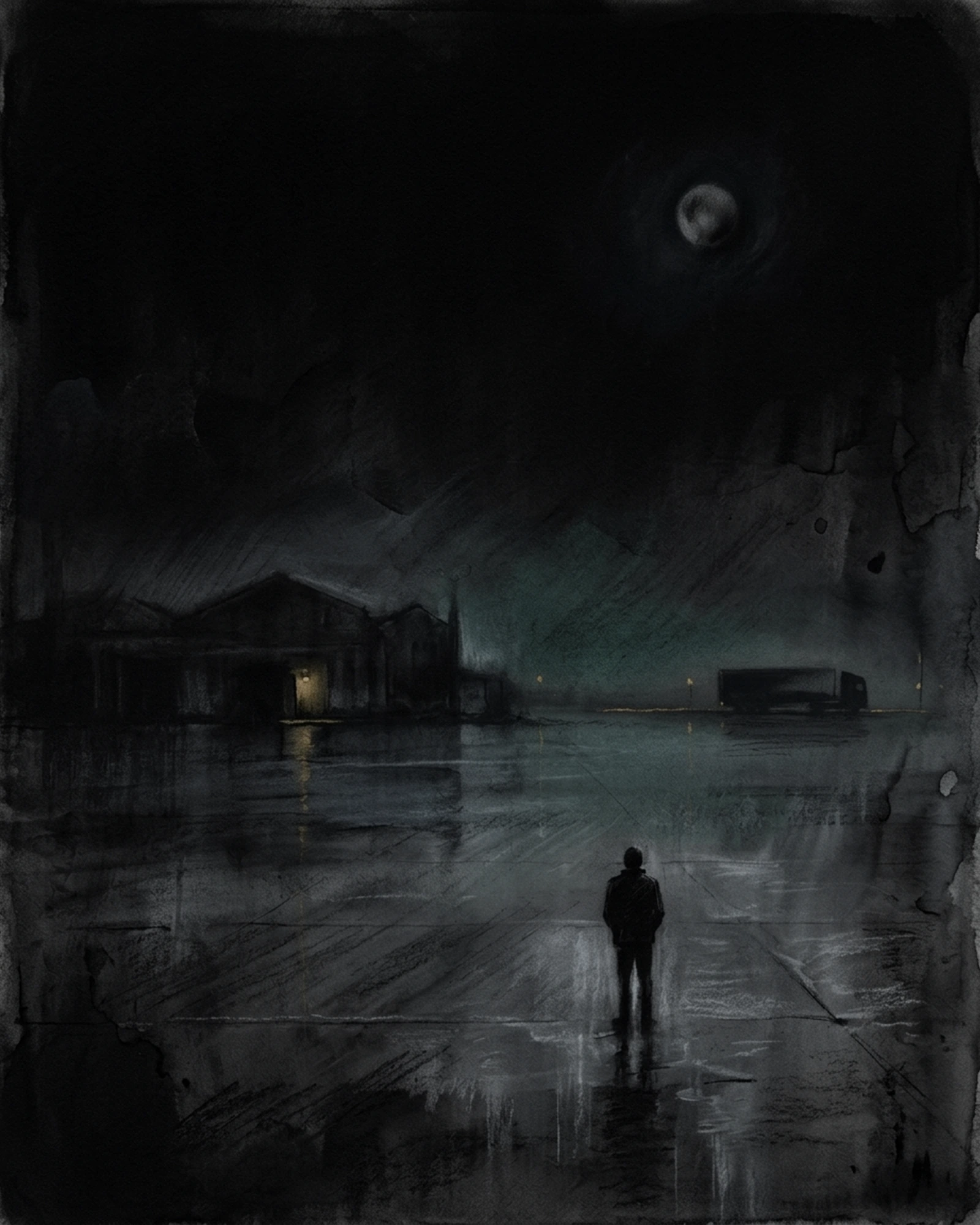 Living Charcoal retrospective artwork: One Lamp Remained in Threshold In Weather