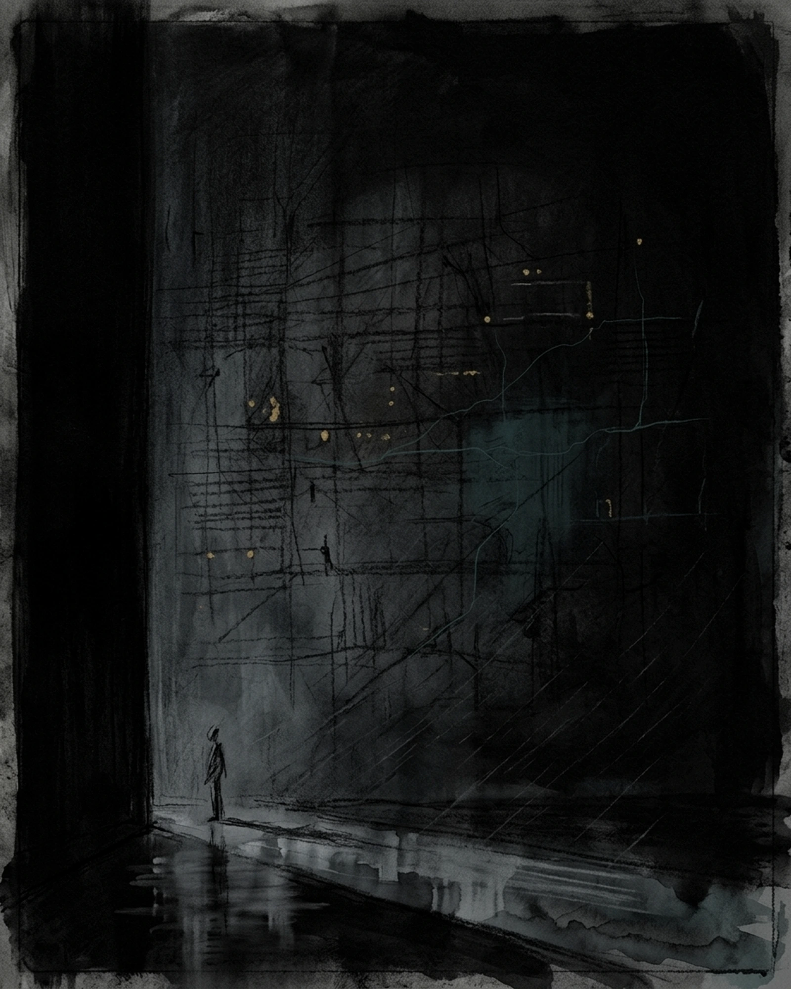 Living Charcoal retrospective artwork: Where Rain Entered Harbour At Low Light