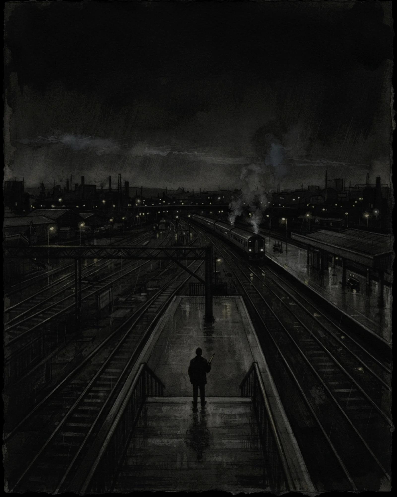 Living Charcoal retrospective artwork: A Small Figure Faced Last Platform