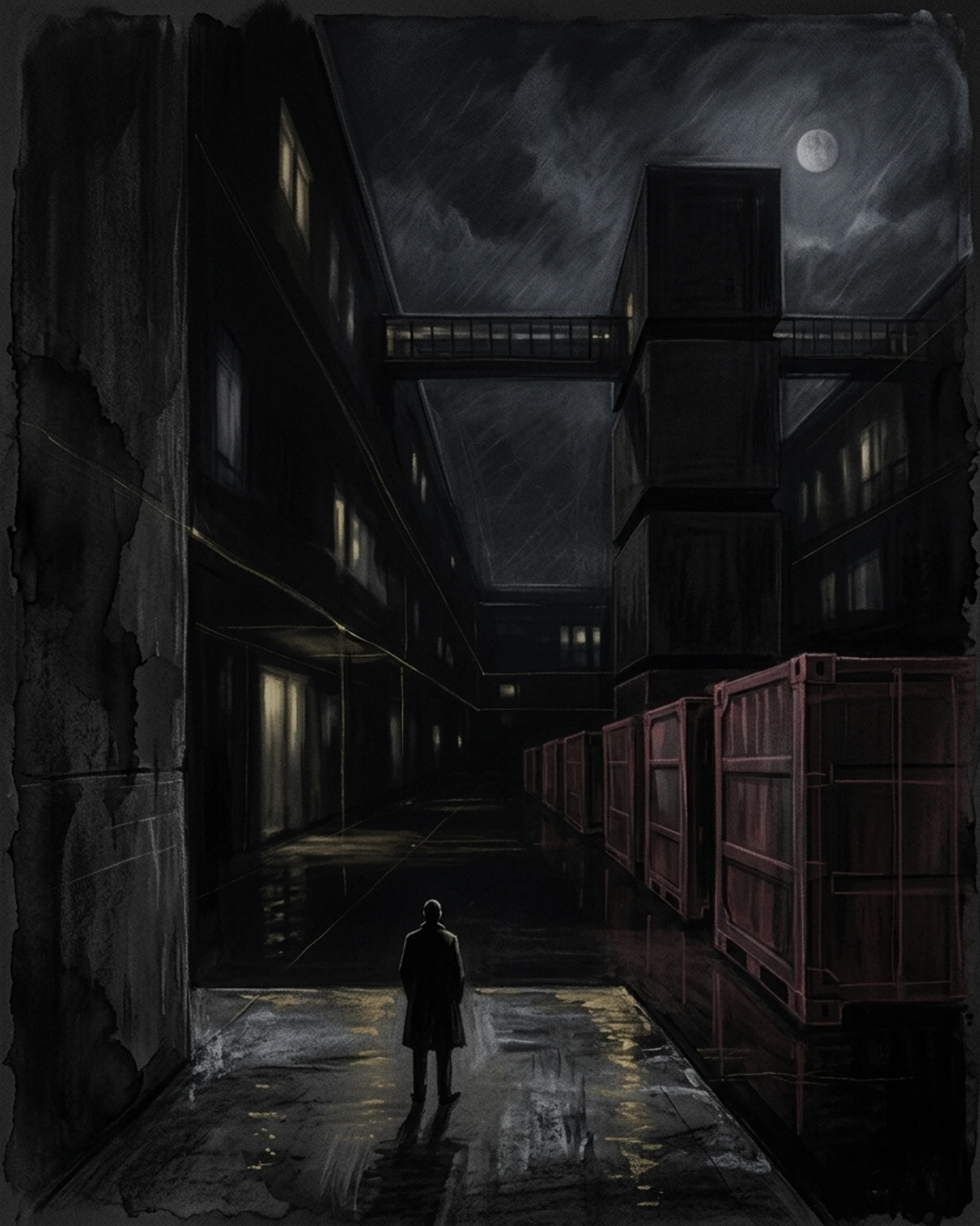 Living Charcoal retrospective artwork: The Distance Between Lit Care Corridor