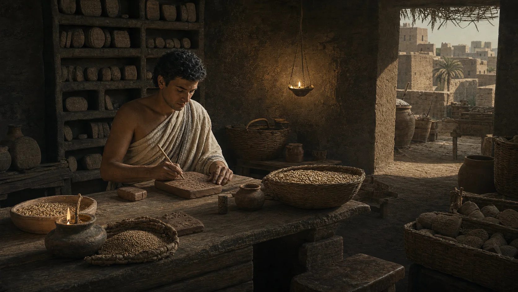 Interpretive reconstruction of The administrative scribe, c. 3300—3000 BCE.